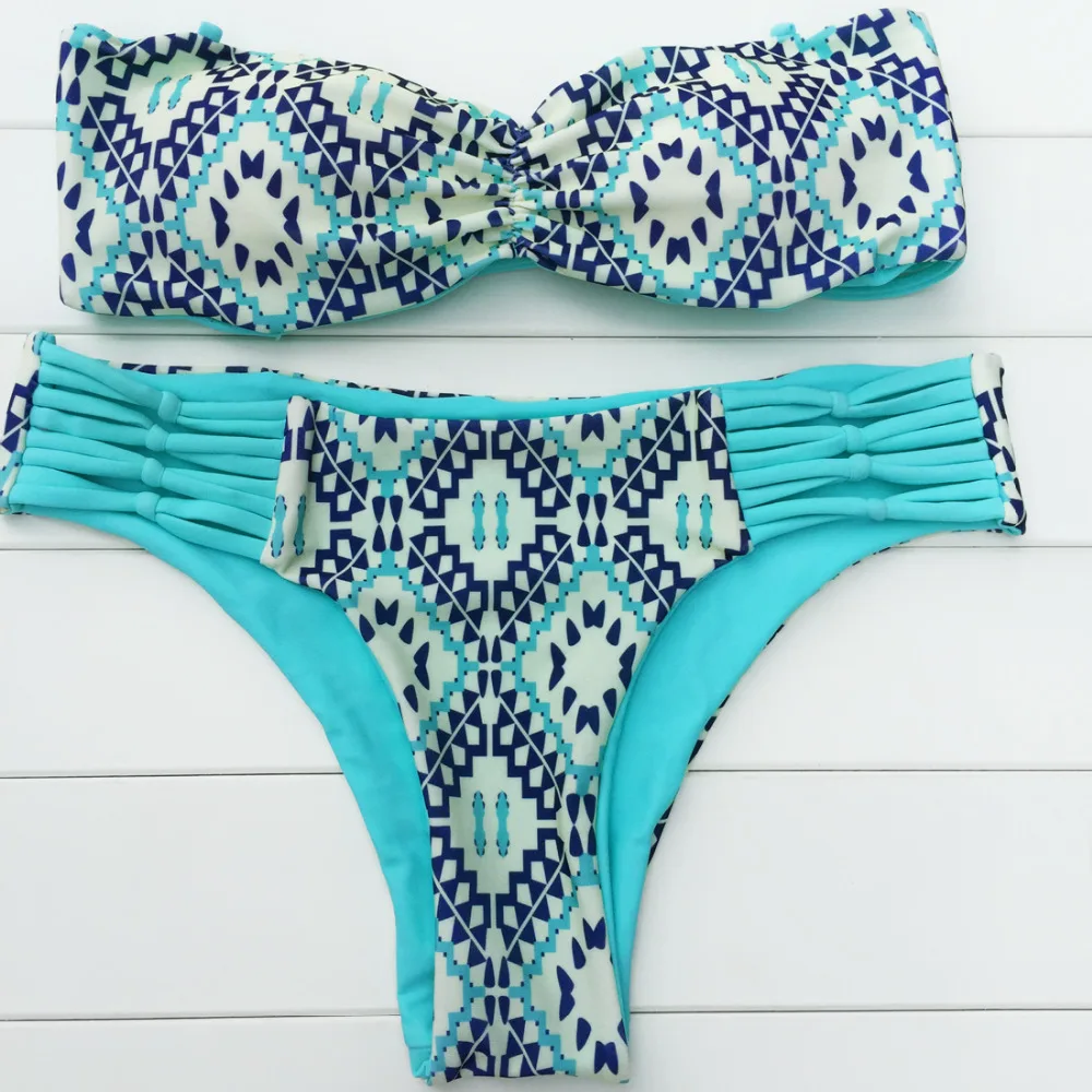 2015 Women Bandeau Bikini Printing Bikini Set Retro Swimsuit Strappy Swimwear Biquini Trikini