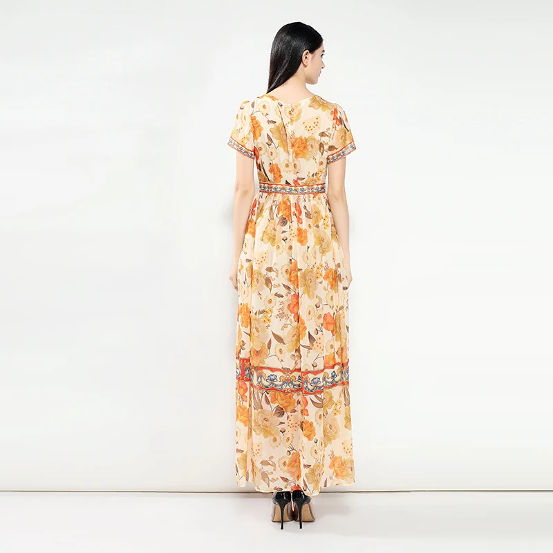 XF BohoChiffon короткий рукав Цветочный принт летнее женское платье вечерние взлетно-посадочной полосы дизайнер Высокая Талия Повседневное праздник Макси длинное платье