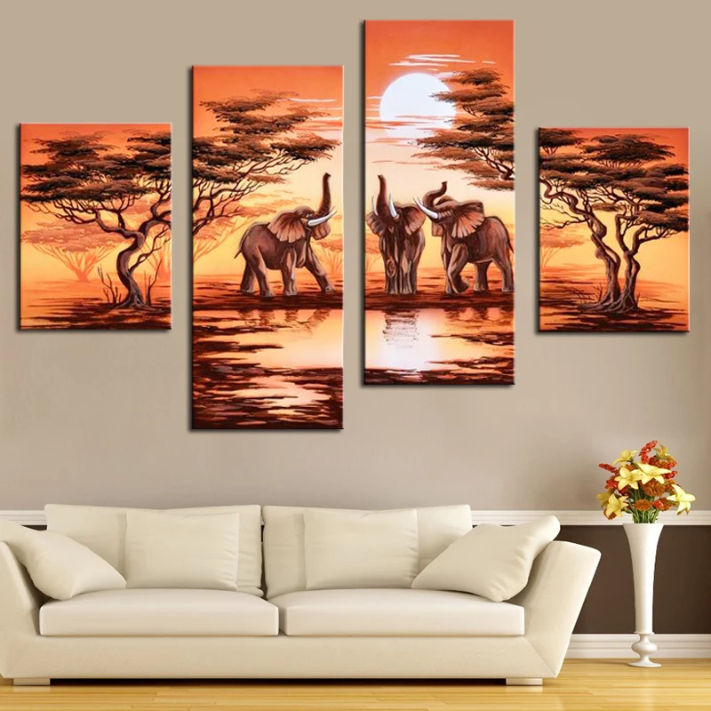 4 Panel Hand Painted Canvas Oil Painting African Safari Modern ...