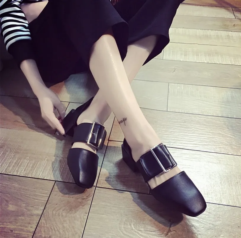 

Women Shoes 2017 Spring Fashion Belt Buckle Leather Oxfords Heels Shoes Woman Square Toe Women Flats Ladies Low Heel Shoes Black