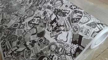

White & Black StickerBomb Vinyl Wrap With Air Bubble Free Real Logos For Car Wrapping Decals Sticker Bombing Size 1.52x30m