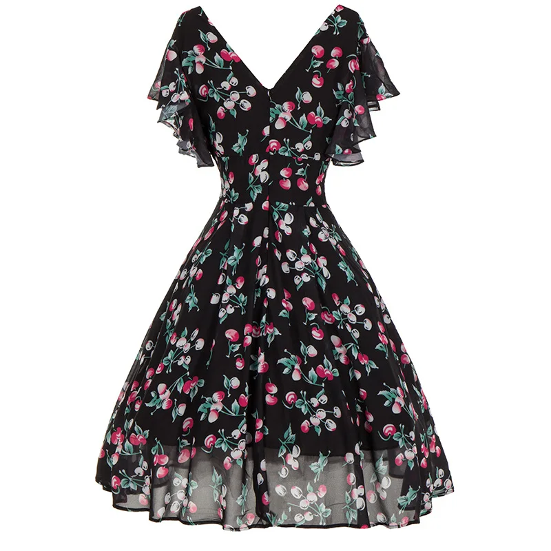 

2019 Women Fashion Dresses V-neck Ruffles Short Sleeve Cherry Printing Mid Dress Vintage Cute Dress Femme Vestidos Robe
