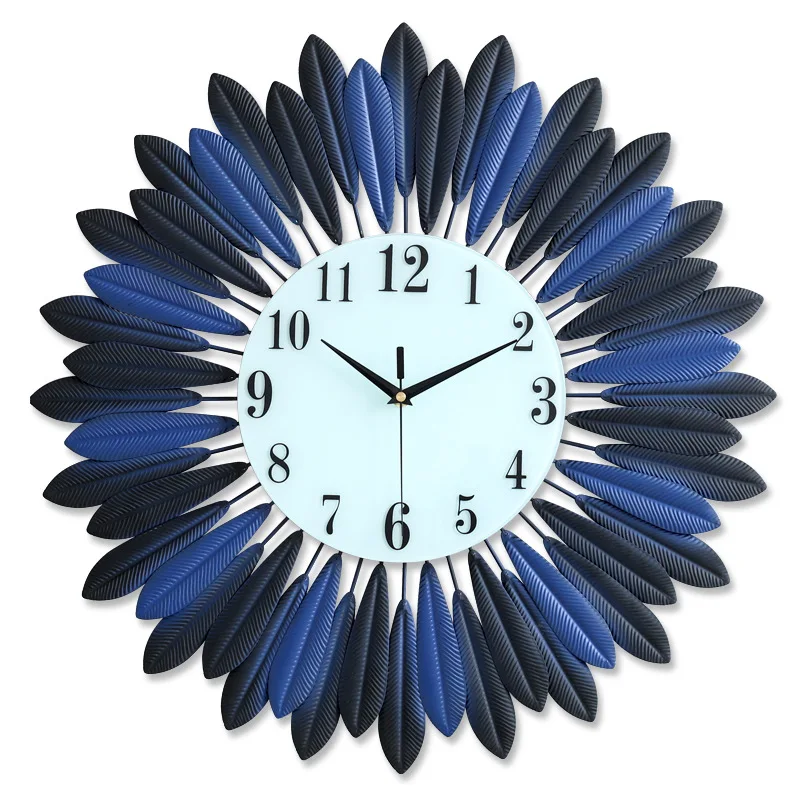 

Iron Creative Clock European Simple Living Room Clock Atmospheric Blue Feather Fashion Bedroom Silent Quartz Wall Clock