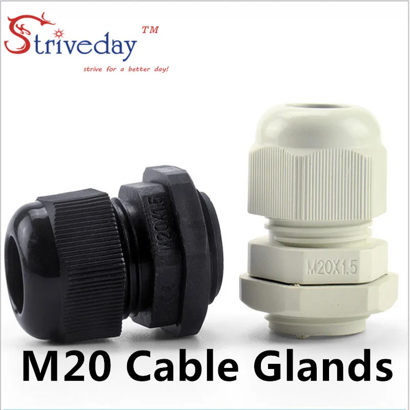 

100pcs/lot creamy-white Black M20 Nylon plastic cable gland Wiring Accessories cable connector IP68 waterproof Gland