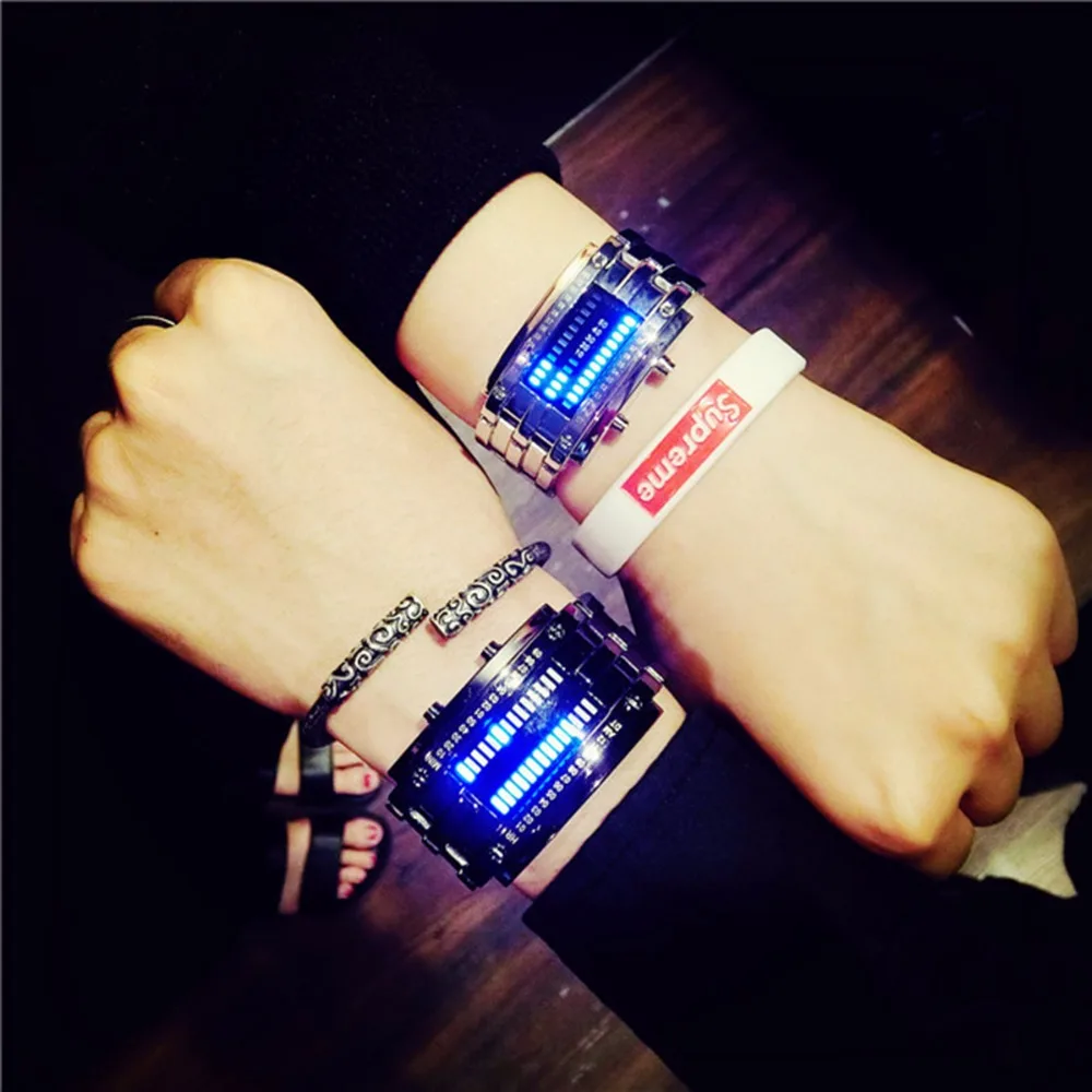 

Fashion couple watch Luxury Lovers' Wristwatch Men Women Steel blue Binary Luminous LED Electronic Sport Watches watch men