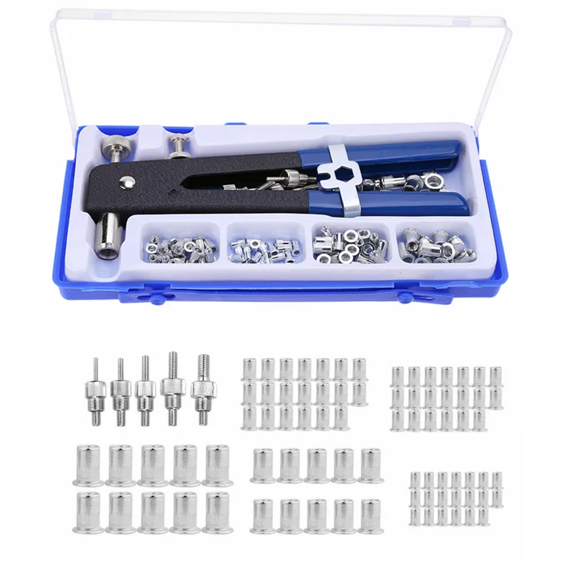 86pcs M3-M8 Blind Hand Rivet Nuts Threaded Insert Rivet Tool Riveter Gun with Rivnut Nutsert Riveting Kit Household Repair Tools