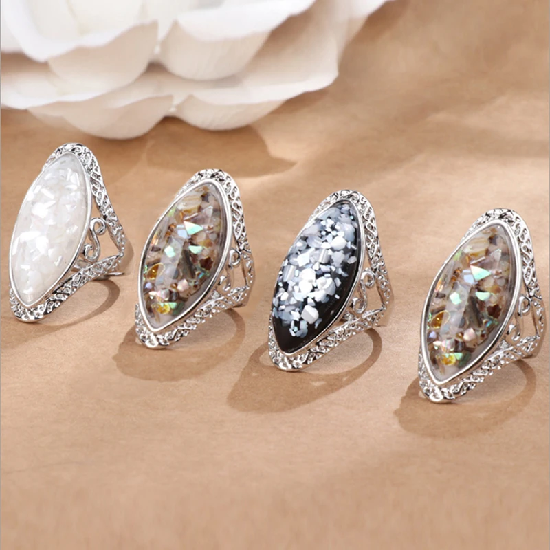 

Fashion Vintage Antique Silver Colorful Big Oval Shell Finger Ring For Women Female Boho Beach Jewelry Gift