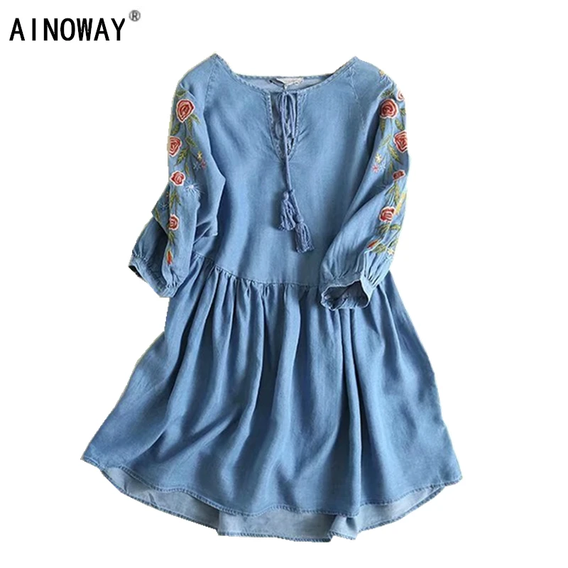

Vintage chic women floral embroidery beach Bohemian midi dress Ladies Summer v-neck tassel denim Boho dress vestidos