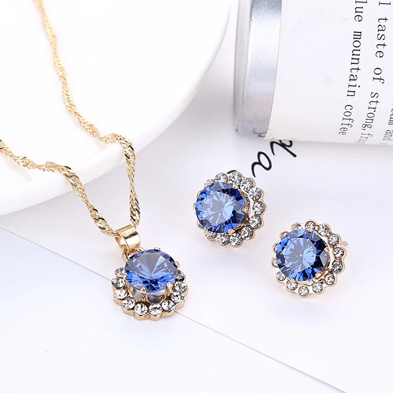 Women Crystal Stone Necklace Earrings 3 Colors Lady Elegant Fashion Jewelry Sets For Brides Wedding Party Jewelry Accessories