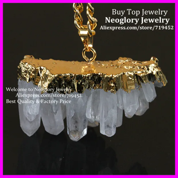 5PCS Gold Color Natural Clear Rock Crystal Quartz vug Cluster Druzy Pendant On Chain Drusy Necklace | Украшения и аксессуары