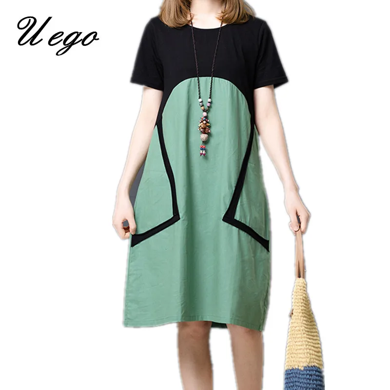 

Uego 2019 New Arrival Fashion Patchwork Short Sleeve Summer Dress Soft Cotton Linen Thin Cozy Beach Casual Dress Women Dresses