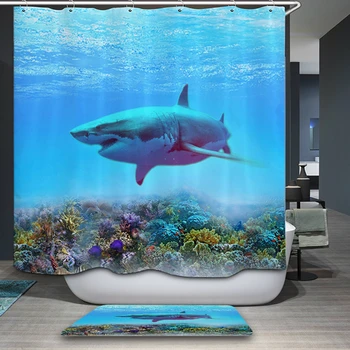

Customizable Polyester 3D Shower Curtain Undersea Great White Shark Pattern Thicken Waterproof Bath Curtain Bathroom Accessories