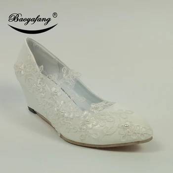 

BaoYaFang White Flower Wedges Lace wedding shoe women's Pumps fashion Dress shoes Round Toe Patent leather shoe