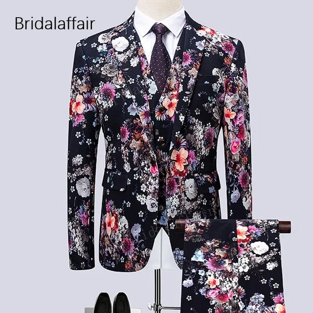 

Wonderful Latest Designs Slim Fit Mens Suits Prom Tuxedo Men Suit with Colorful Floral Printing 3Pcs Set 2018(Blazer+Pants+Vest)