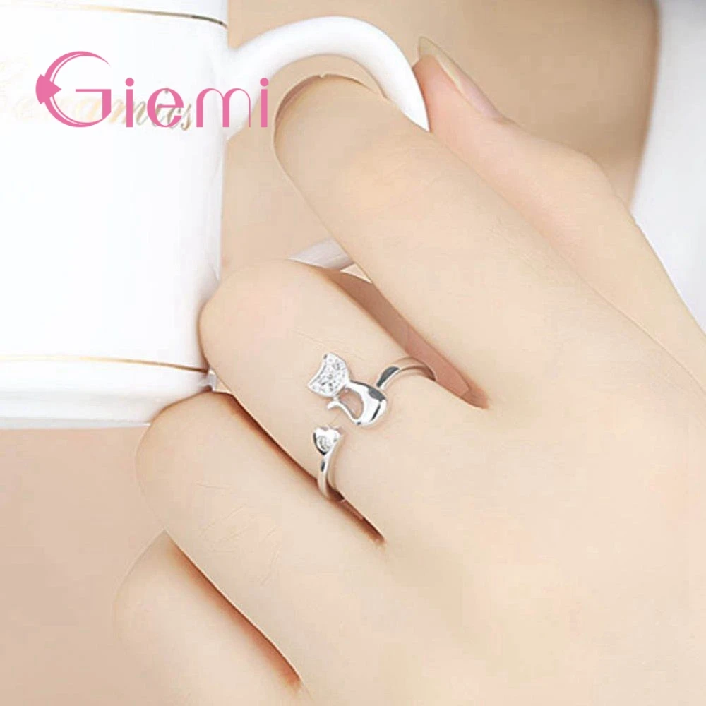 Different Finger Rings Super Shiny Cubic Zirconia Embellishment Two Colours Chic Cat Shape 925 Sterling Silver Opening silver ring silver rings gemstone ring