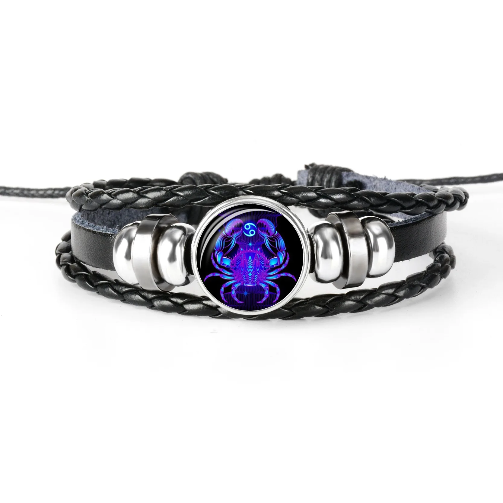 12 Constellation Zodiac Sign Black Braided Leather Bracelet Cancer Leo Virgo Libra Woven Glass Dome Jewelry Punk Men Bracelet - Окраска металла: XZS005-4