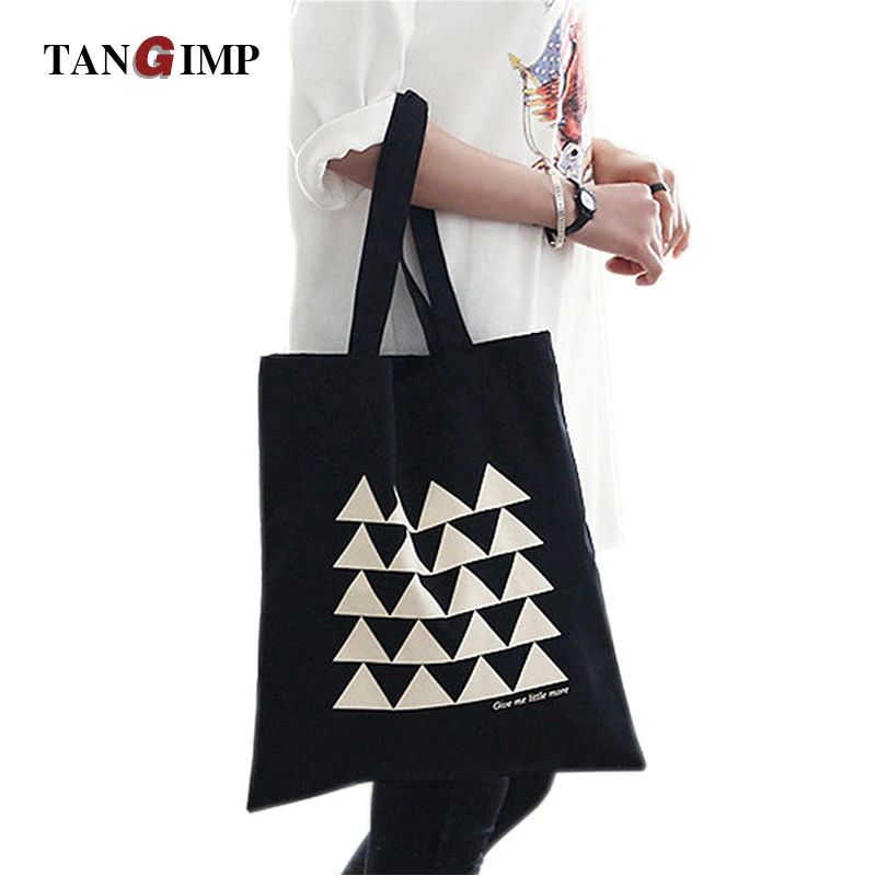 

TANGIMP Black Canvas Handbags White Geometry Eco Cotton Tote Reusable Shoulder Bag Shopping Tote 37*40cm School Bag Bookbags