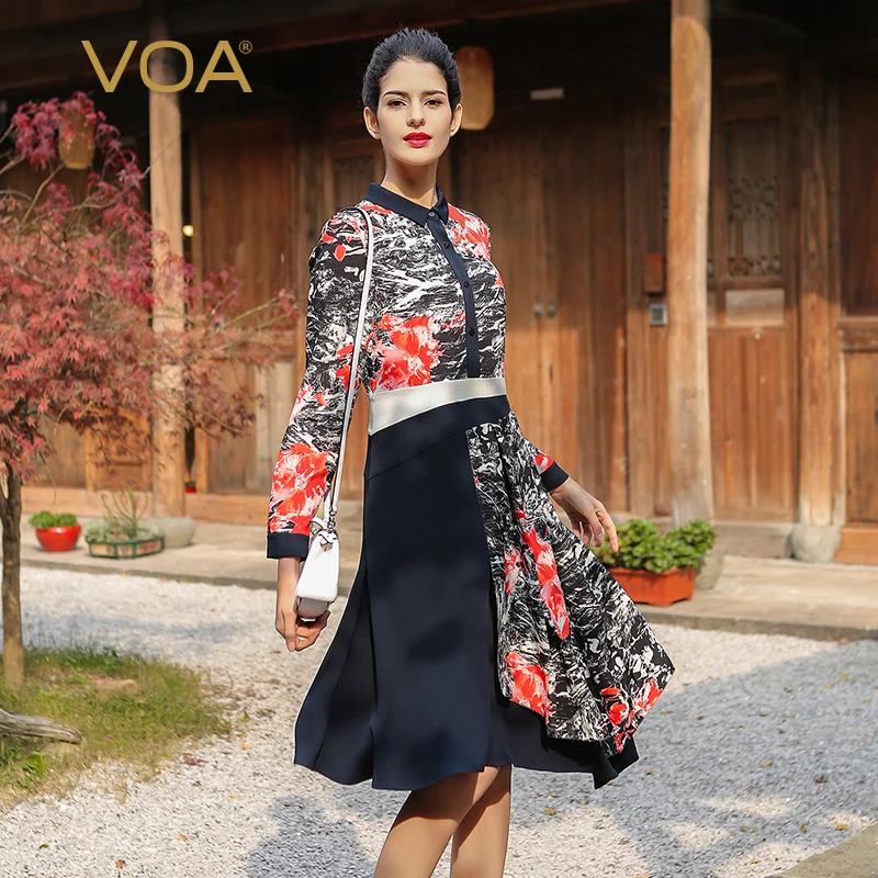 

VOA Heavy Silk Midi Dresses Women Elegant Vintage Chinese Style Fall Long Sleeve Printed Shirt Dress Office Work Basic A7501