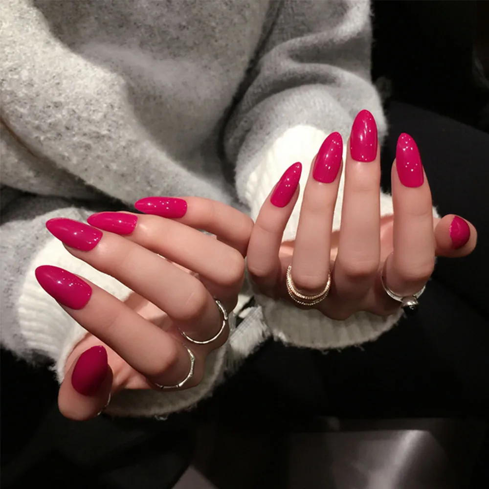 24 pcs/ensemble Printemps Long Faux Ongles Rose Rouge Jolie Femmes Nail Art Conception Complet