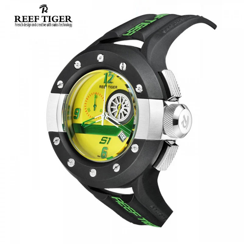 Reef Tiger/РТ мужские спортивные часы с хронографом приборной панели циферблат часы с кварцевым механизмом с датой Стоп Часы Зеленый Желтый RGA3027