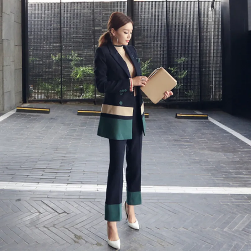 

Women Formal 2 Piece Set 2019 Runway Korean Autumn Blue Patchwork Suit Formal Jacket Coat +Office Full Length Pant Suit