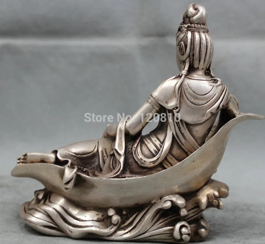

7" China Chinese Buddhism silver Kwan-yin Guan Yin Boddhisattva by water Statue