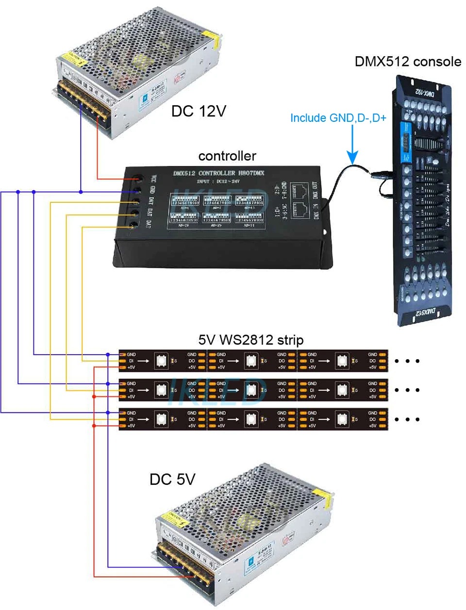 DMX512 контроллер, подключаться к DMX512 консоли, поддержка WS2812, WS2813, UCS1903, etc.13 цифровые мультиплексные каналы для каждого устройства, управление