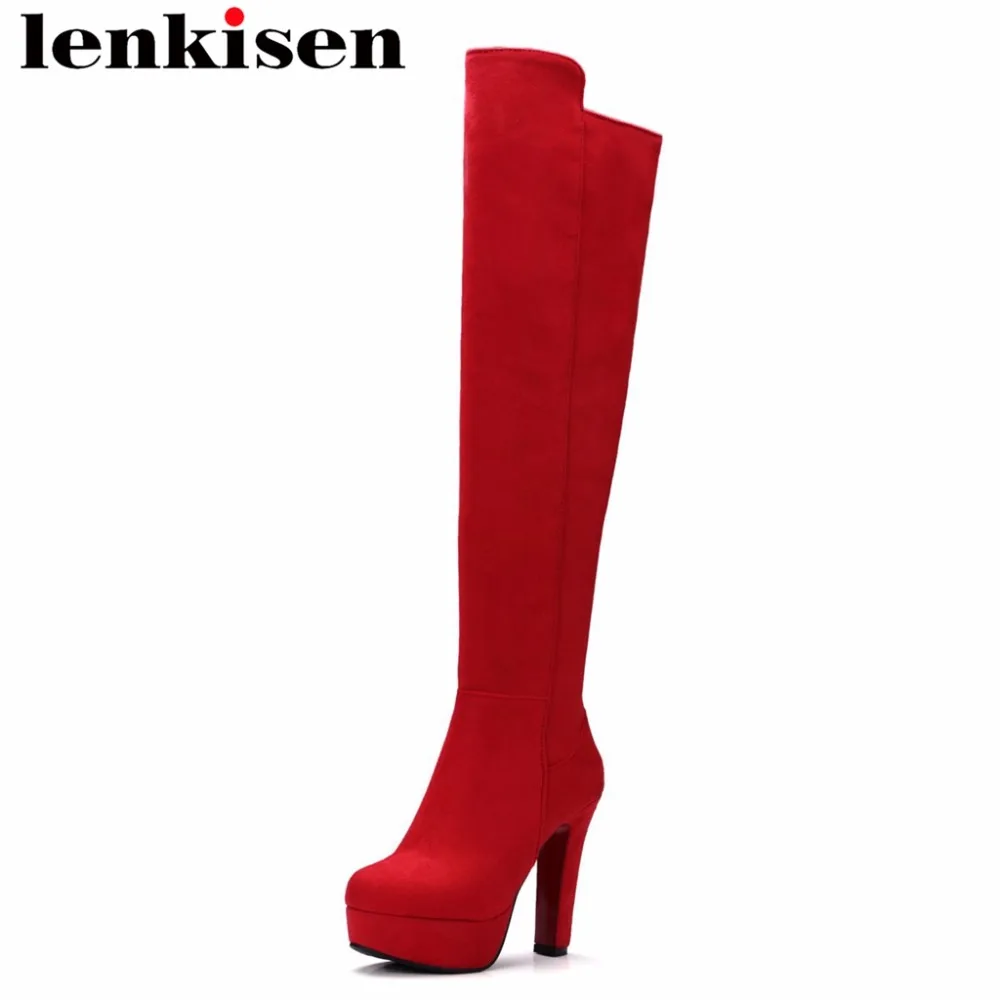 

Lenkisen round toe zipper large size queen style super high heels solid streetwear runway keep warm women knee-high boots L59