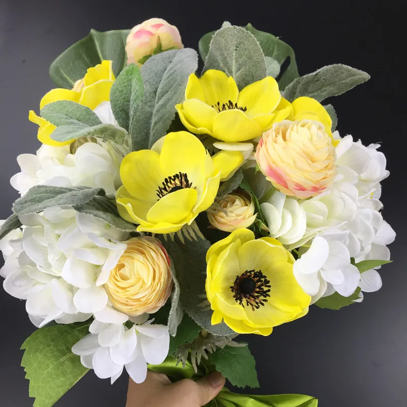 

Exclusive Sales DIY-14pcs Whit Hydrangea+Yellow Flower+ Tea Rose Arrangement Wedding Bride Bouquet Party Event Free Shipping