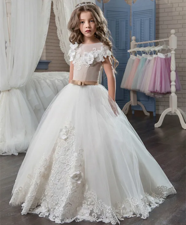 

New Customized Flower Girl Dress for Wedding Lace 3D Appliques First Communion Dress Ball Gown Size 2-14Y
