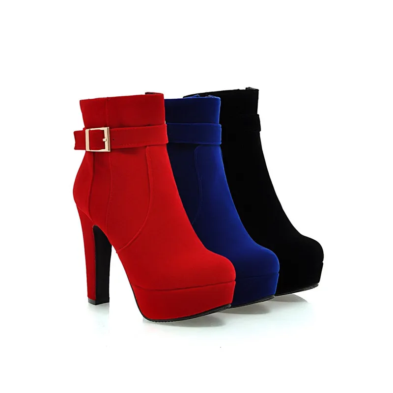 ASUMER/Новое поступление; Модные женские ботинки; женские ботильоны из флока на молнии с пряжкой; цвет черный, красный, синий; очень высокие ботинки на платформе; большие размеры 33-43