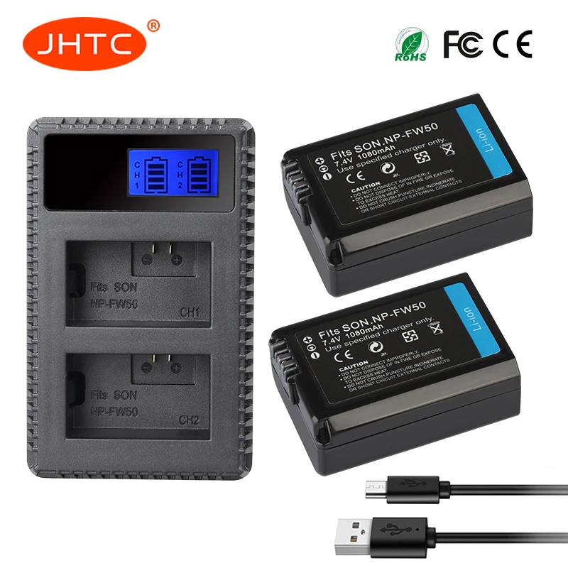  JHTC 2pcs 1080mAh NP-FW50 NP FW50 Camera Battery + LCD USB Dual Charger for Sony Alpha a6500 a6300 a6000 a5000 a3000 NEX-3 a7R