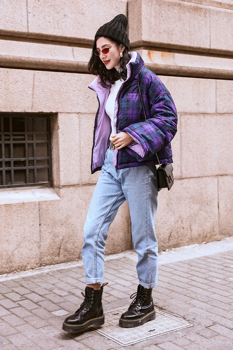 Зимний дизайн Gloria& Grace фиолетовый/фиолетовый клетчатый принт свободный толстый теплый пуховик на утином пуху пальто Верхняя одежда
