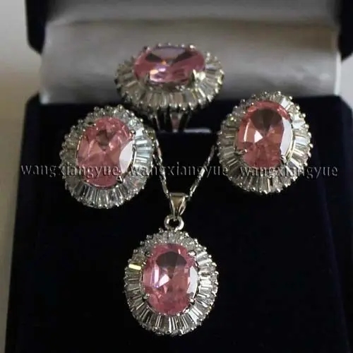 

UY578 Fine real 18KGP Fashion Cubic Zirconia Trendy Jewelry % Pink Rose Crystal Link Earrings/Ring/ Necklace Pendant Set