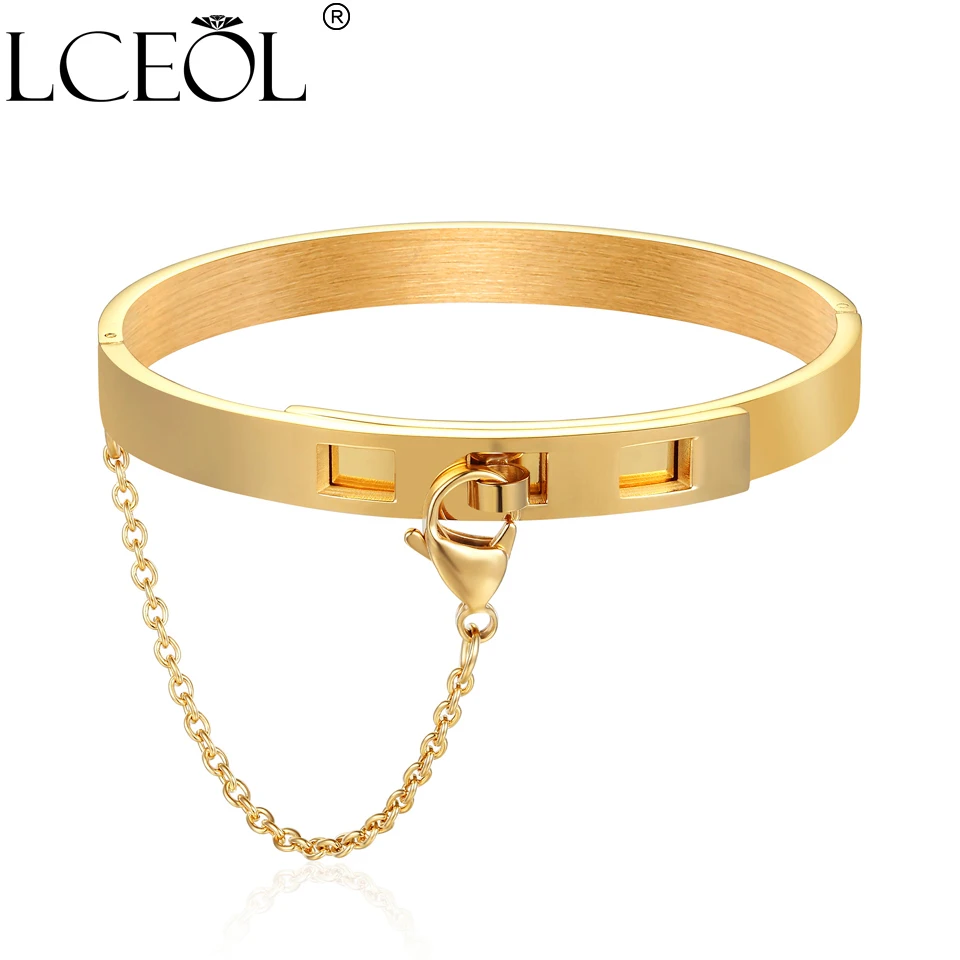 

LCEOL Gold Color Bangle Bracelet For Women Safety Chain Cuff Bracelet Noeud armband Bracelets Female Fashion Jewelry Bangles