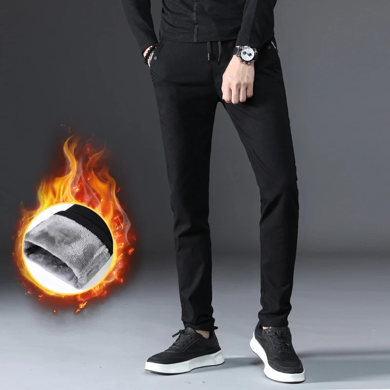 

2019 New Mens Winter Thick Fleece Fluffy Pants Men Korean Casual Slacks Slim Warm Pants for Men Black Army Green Trousers Male