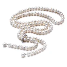 Alta calidad moda largo collar de perlas de agua dulce naturales 925 joyería de plata esterlina para mujeres collar llamativo
