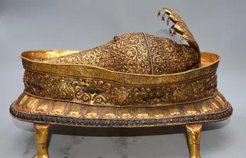 

FREE SHIPPING 14" Bronze Gold Gild Gem 8 Auspicious Symbol Snake Conch Shell Trumpet Horn