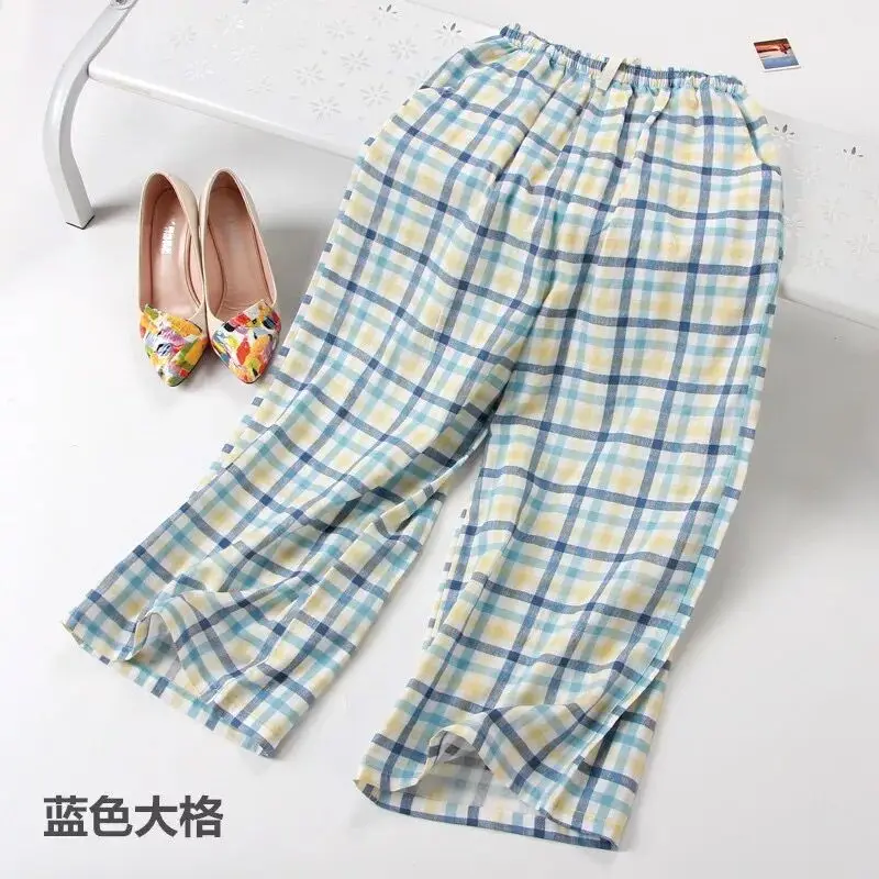 Хлопковые клетчатые укороченные штаны для девочек; женские весенне-летние тонкие домашние штаны с двойными сетчатыми вставками; Пляжные штаны с боковыми карманами в Корейском стиле
