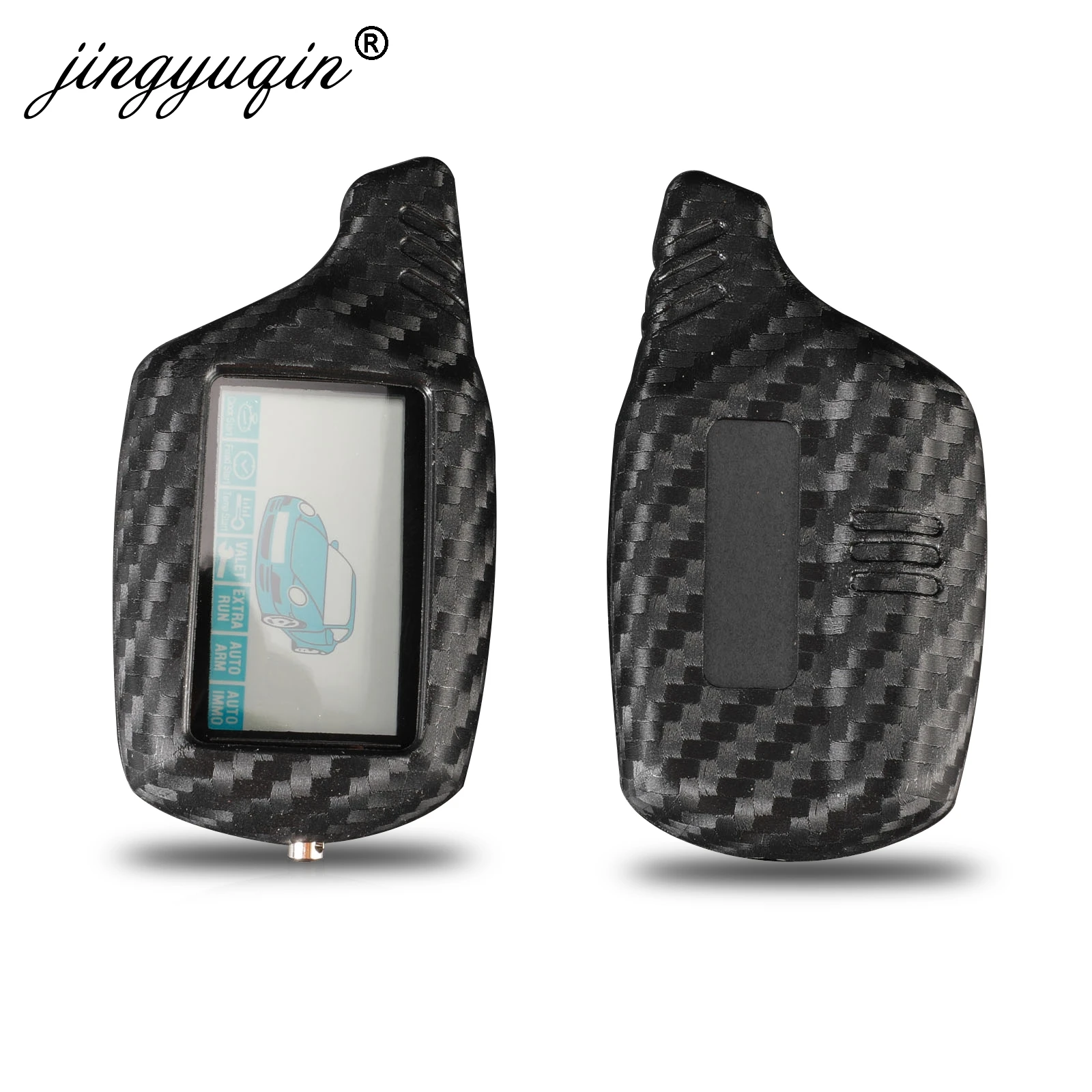 

jingyuqin B9 LCD Alarm Carbon Silicone Key Cover Case for Starline B91 B6 B61 A91 A61 C9 V7 Jaguar Remote 2 Way Alarm Keychain