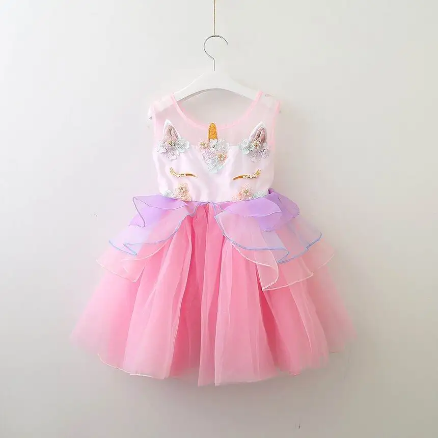 

Girl Dress New Unicorn Embroidery Flower Beading Gauze Princess Dress Children Clothes E80477