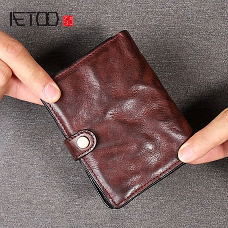 

AETOO Original retro buckle top layer leather short wallet Vertical pleated leather vertical wallet old rub color vintage