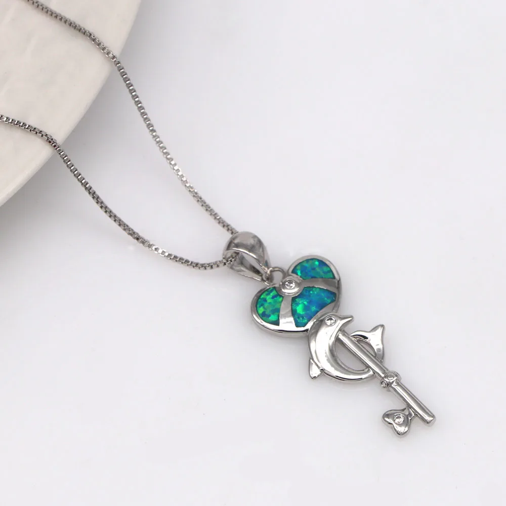 JLP261  New Women Key Keart-Shaped Necklace Pendant Blue Opal Heart-Shaped Key Necklace Pendant Wholesale Fashion Jewelry