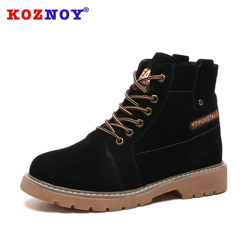 

Koznoy Women Boots Winter Flat Bottom Breathable Dropshipping Fashion Round Toe Lace Ankle Solid Cross Tied Low Heel Women Boots
