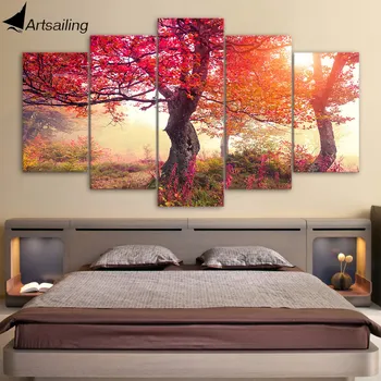 

HD Printed 5 Piece Painting Seasons Trees Red Trees Forest Painting Large Canvas Art Wall Pictures for Living Room ny-7460C