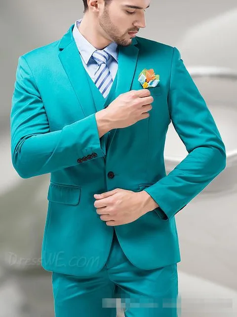 2020 Green Blue Groom Tuxedos Notch Lapel Men's Suits Turquoise Bridegroom Wedding Dinner Best Man Suits (Jacket+Pants+Vest)