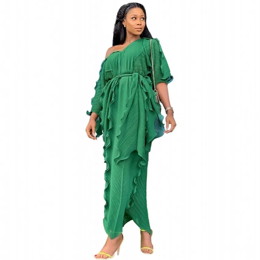 

New Style Classic African Women's Dress Dashiki Fashion Ruffled Flounce Loose V-neck Mid-sleeve Dress African Dresses For Women