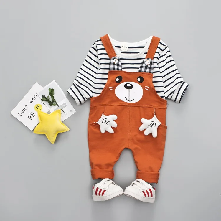 

Baby Boy Spring Clothes Fashion Stripe shirt Tops + Cartoon Bib Pants 2PCS Tracksuit Newborn Male Baby Set Bebes Jogging Suit