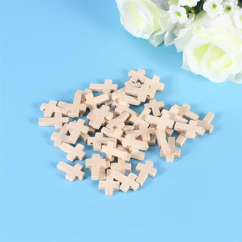 50pcs Craft Supplies Wood Mini Crosss Polished Natural Unfinished DIY Perforated Wooden Crafts Supplies 3