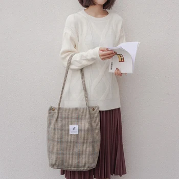 

JHD-Winter Women Canvas Shoulder Bag Ladies Vintage Tartan Handbags Female Fashion Plaid Tote Cloth Bags For Preppy Girl